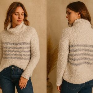 Lovestitch Marley Cozy Textured Stripe Sweater Ivory Gray Cowl Neck – Size M